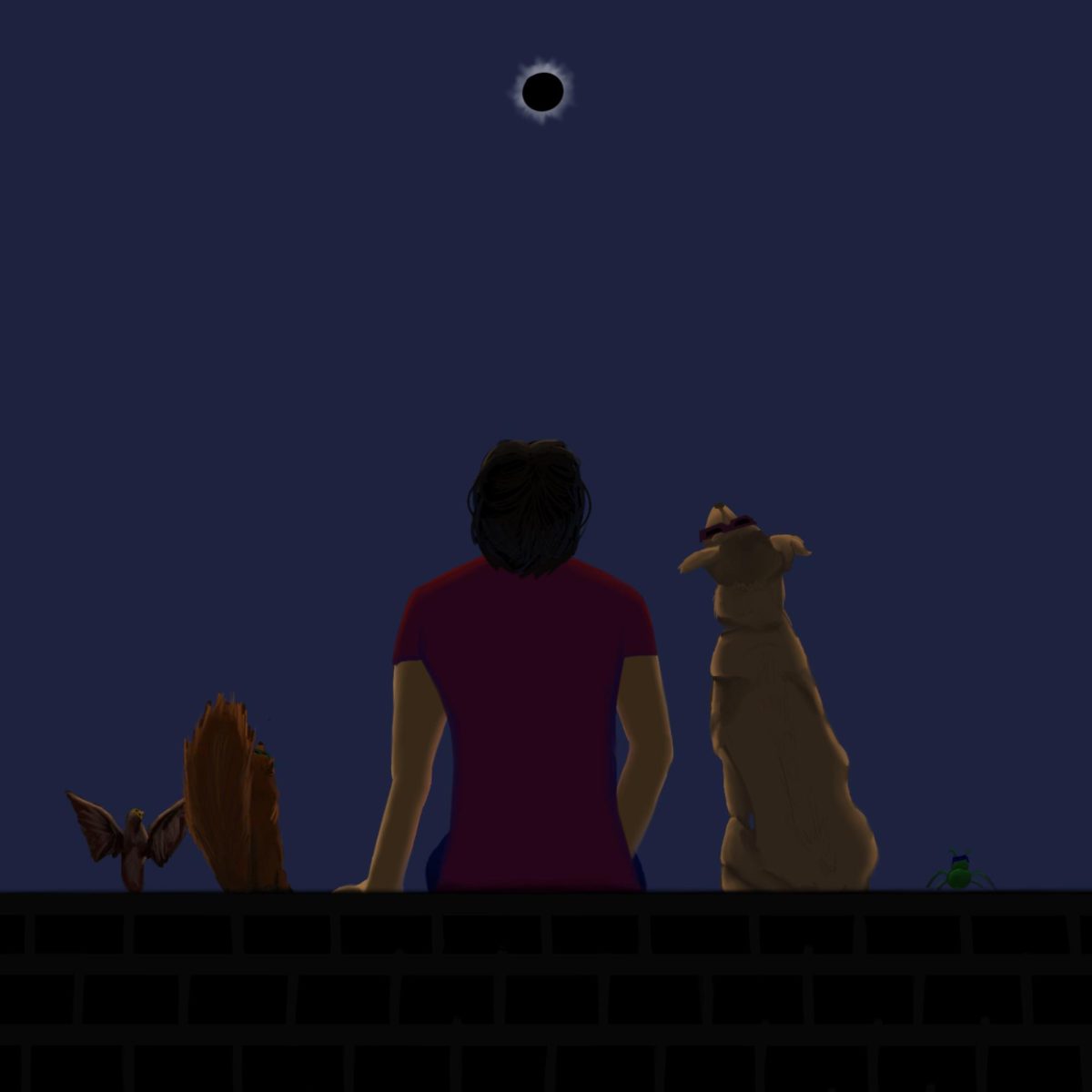 A bat, squirrel, man, dog and bug look up at the eclipse.