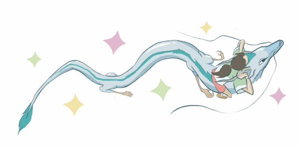 Illustration of Chihiro riding on Haku the dragon.