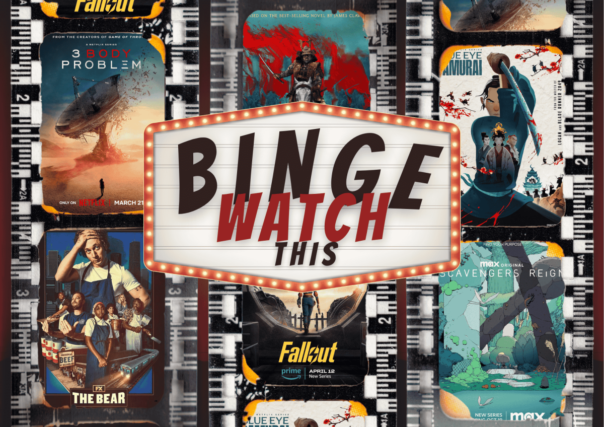 Binge watch this logo with movie posters in the background