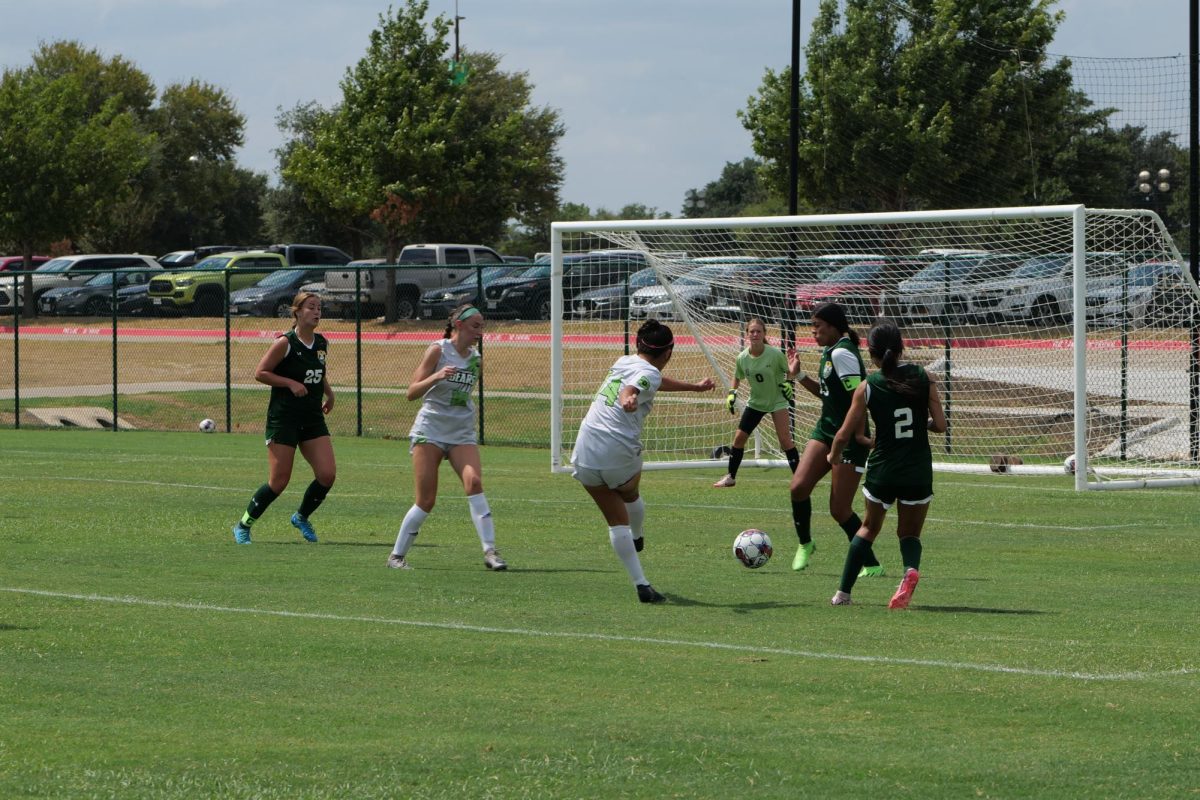 Women scoring a goal in soccer.