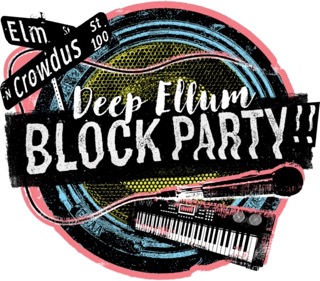 Deep Vellum Block Party logo with street sign, piano, and a microphone.