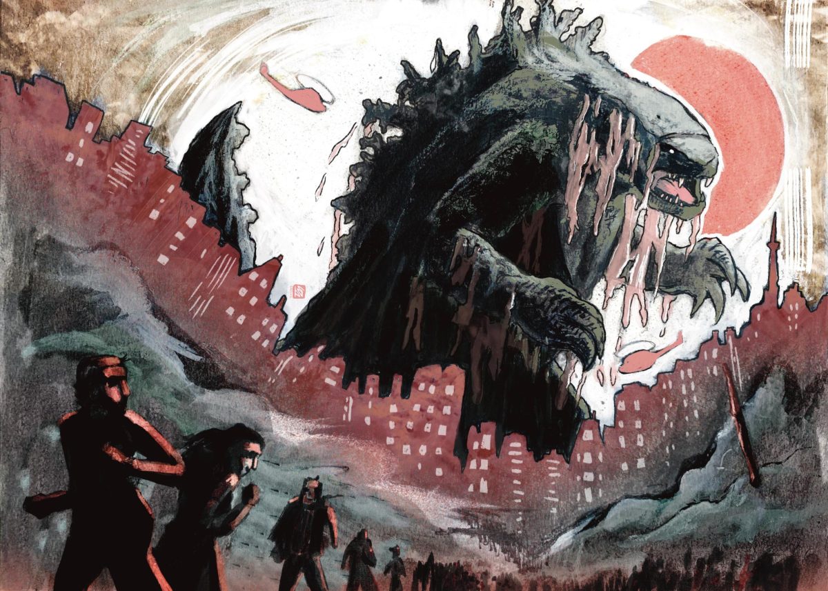 Giant monster invading a city and humans running away.