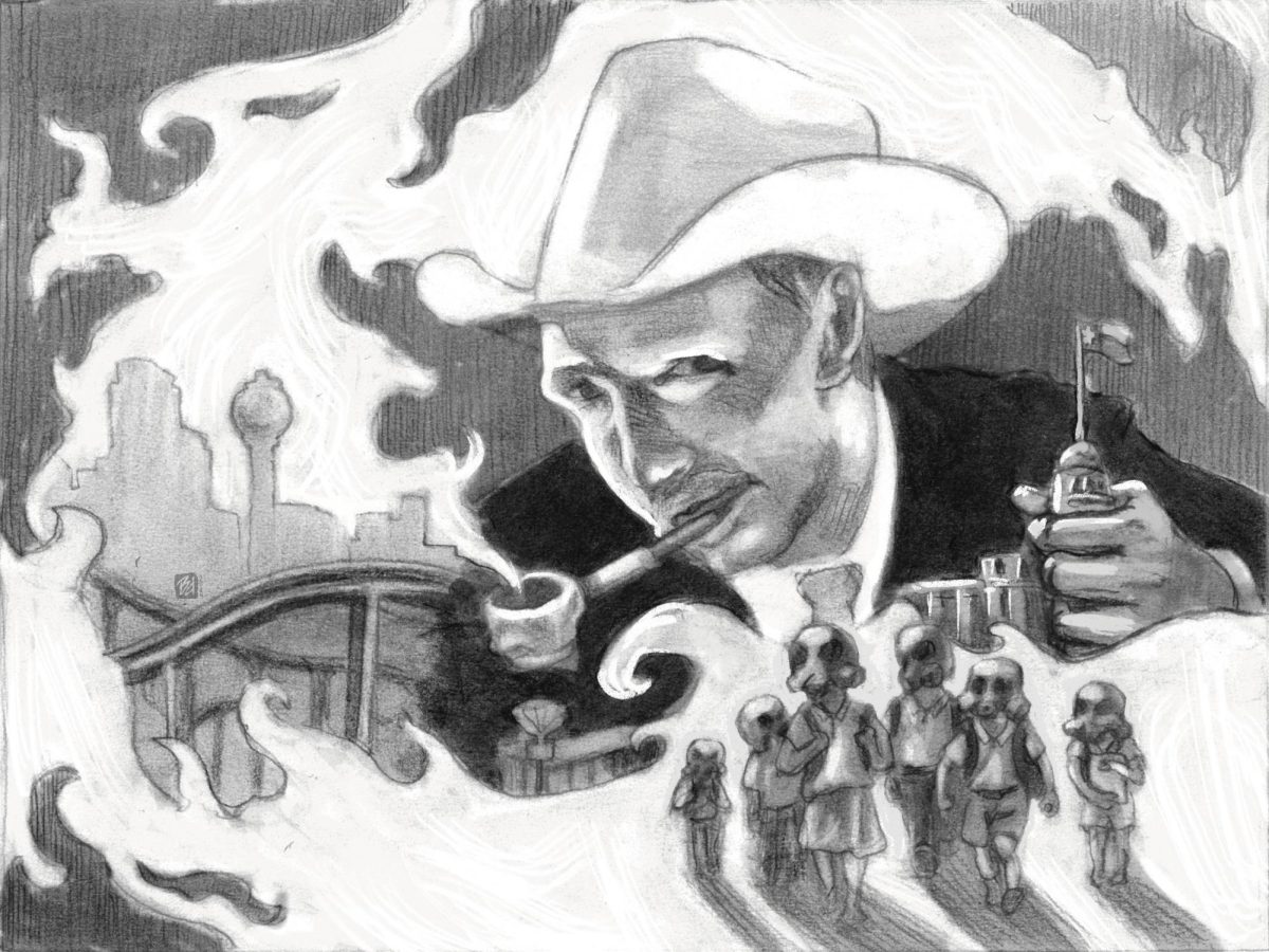 An illustration of man in a hat smoking and holding a building with a flag.