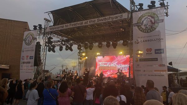 People gathered at the stage for a concert.