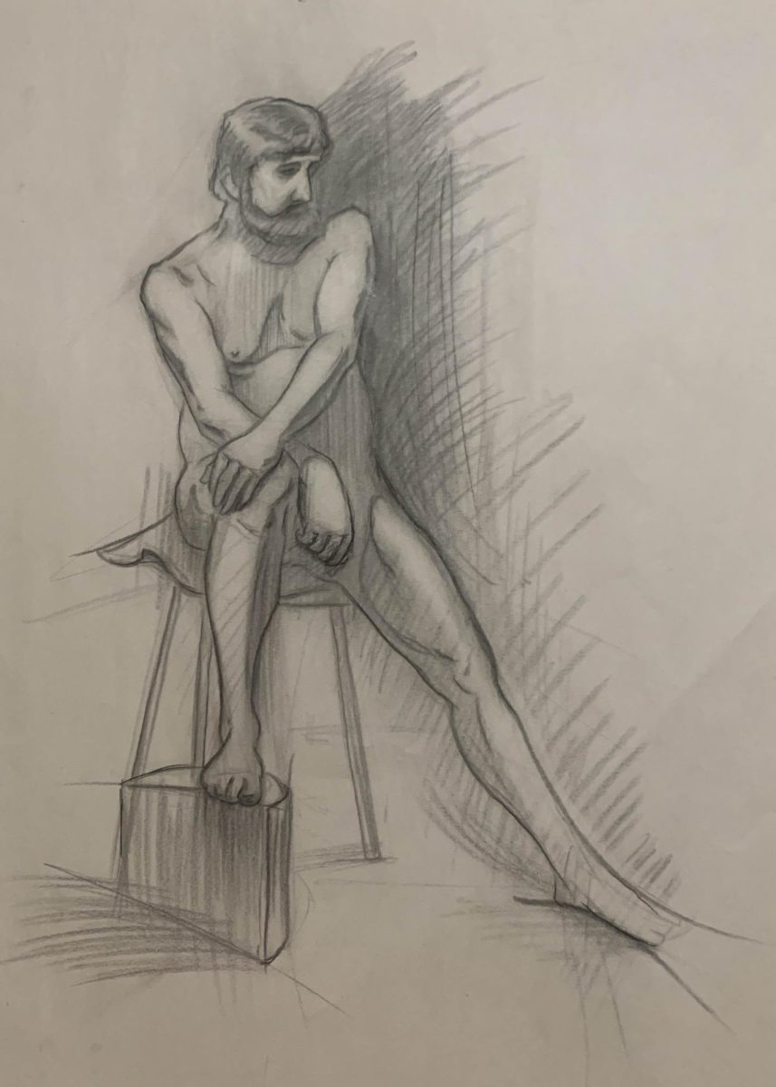 Drawing of a naked man sitting on a chair.