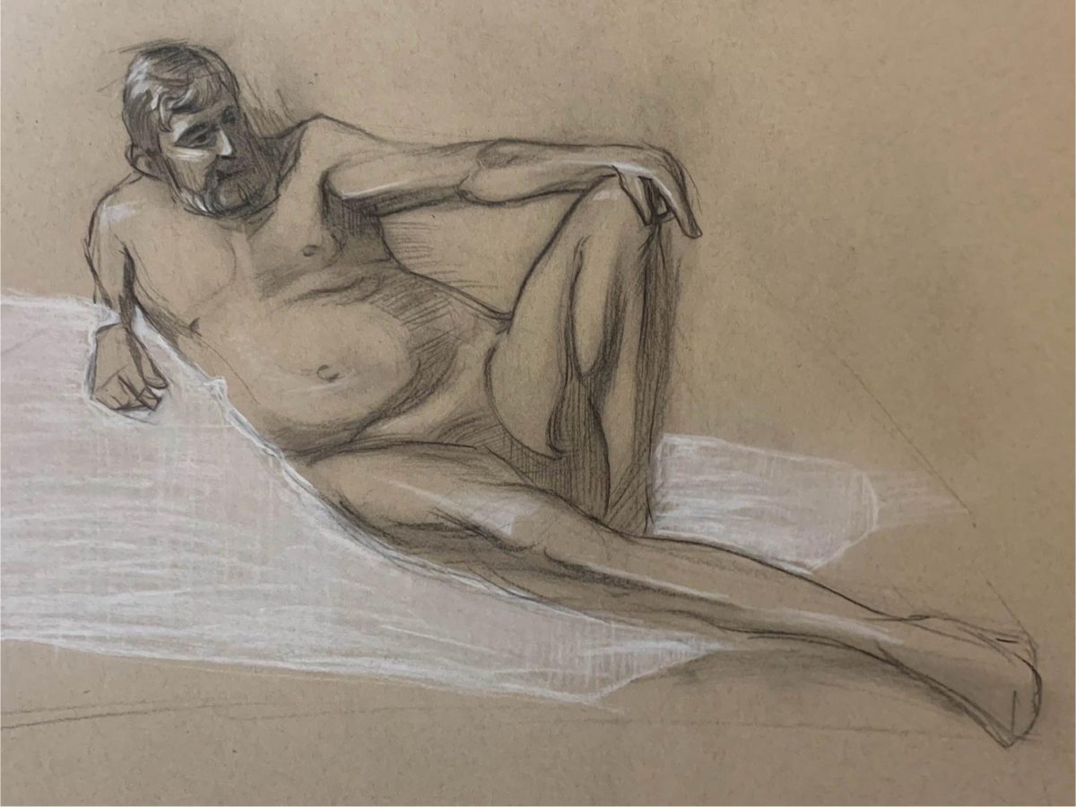 Drawing of a naked man laying on his his with one knee up.