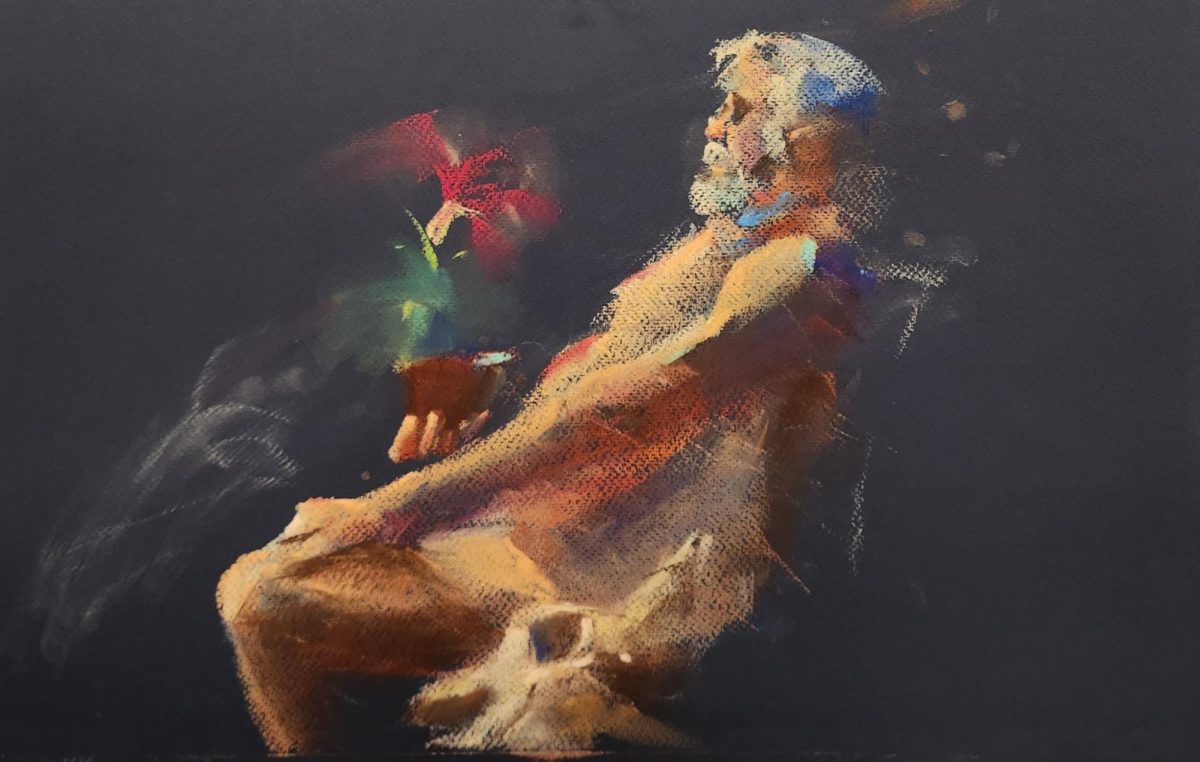 Painting of a man sitting holding flower pot.