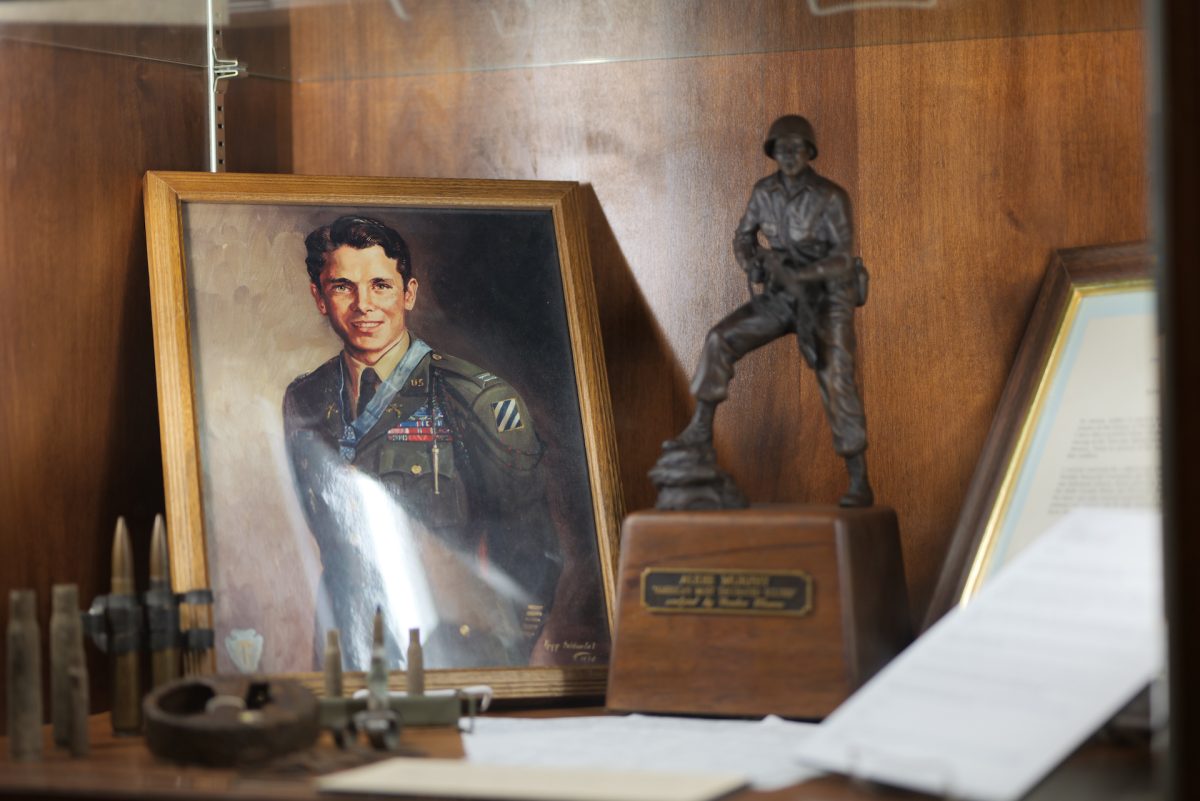 A mini statue and a painting in a photo frame showcased in a panel.