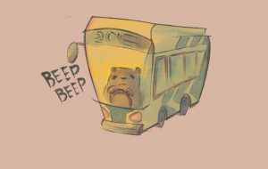 A bear driving a bus.