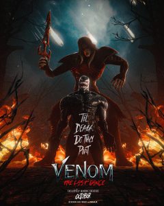 A black monster standing in front of a figure in an armor holding a sword.