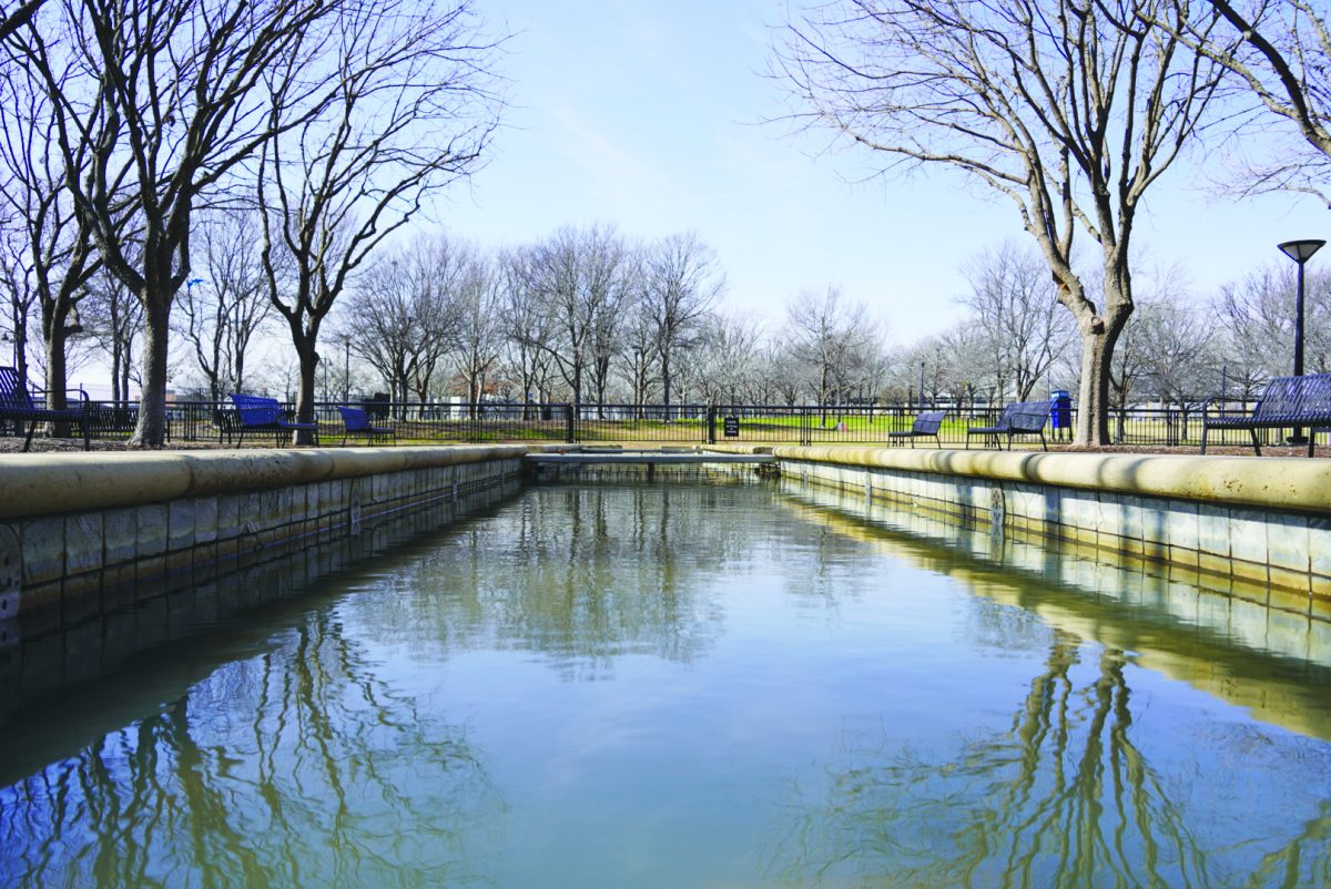 A river with benches.