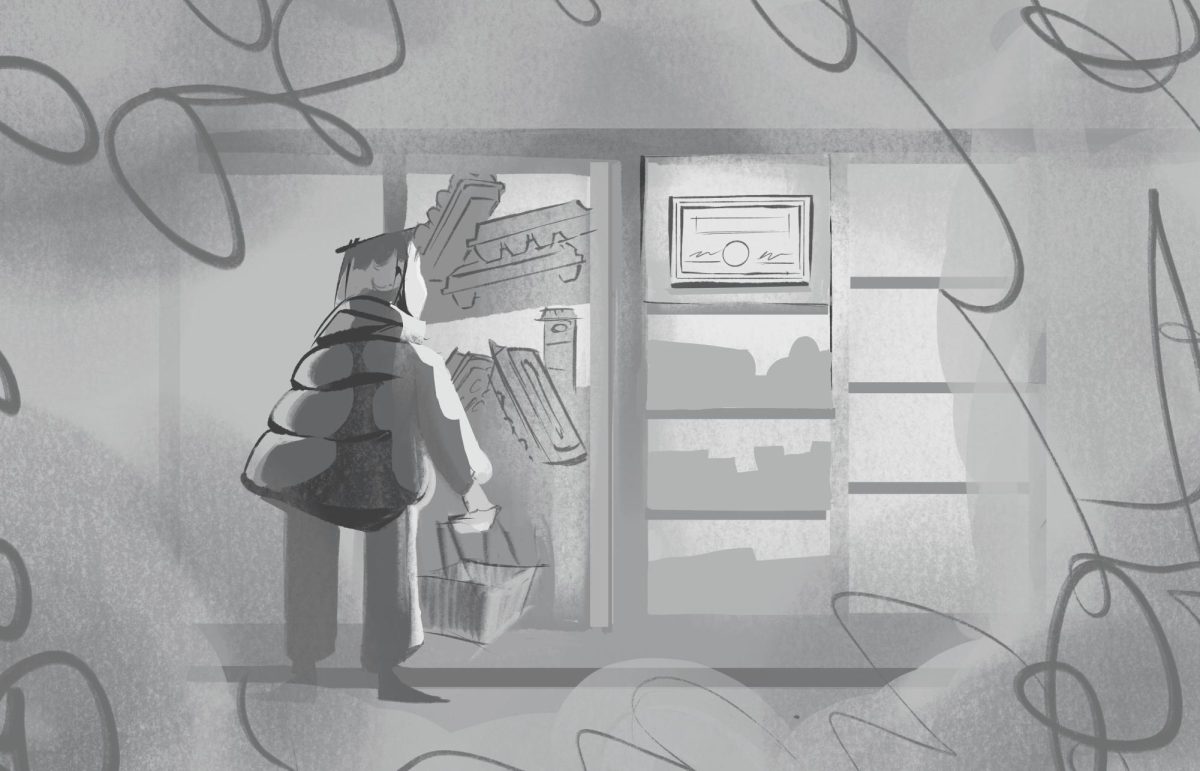 An illustration of a person shopping standing in-front of a messed up freezer.