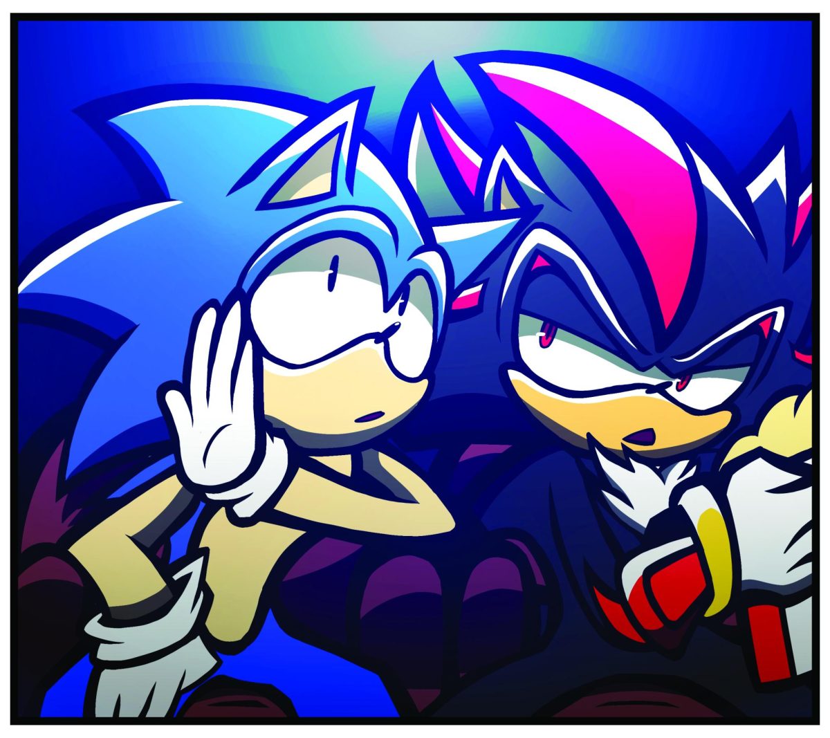 Illustration of Sonics the Hedgehog and Knuckles gossiping.