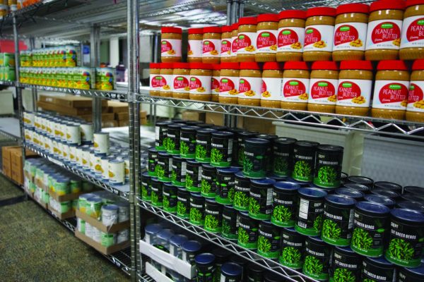 Food items on a metal shelf.