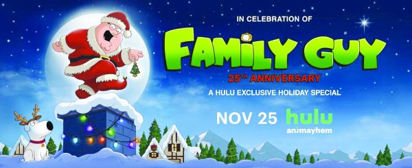 Poster of family guy, an illustration of a man wearing a Santa Claus suit on top of a chimney.