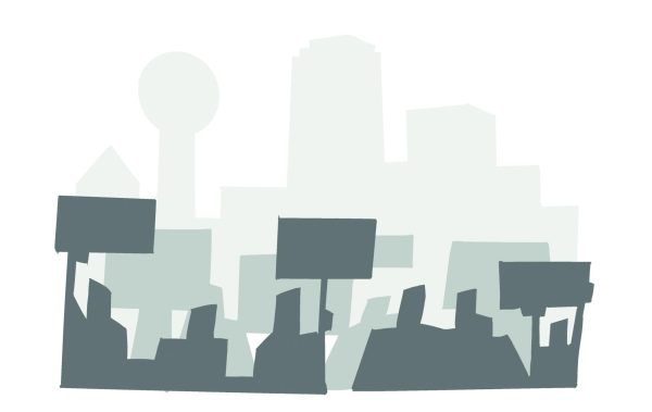 Illustration of a silhouette of a crowd holding posters.