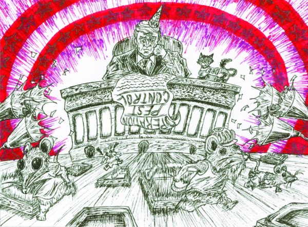 Illustration of rats running away from a man sitting on a desk and a cat on top of the desk with a shirt saying "ICE"