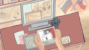 An illustration of a table with a computer screen and hands holding a picture.