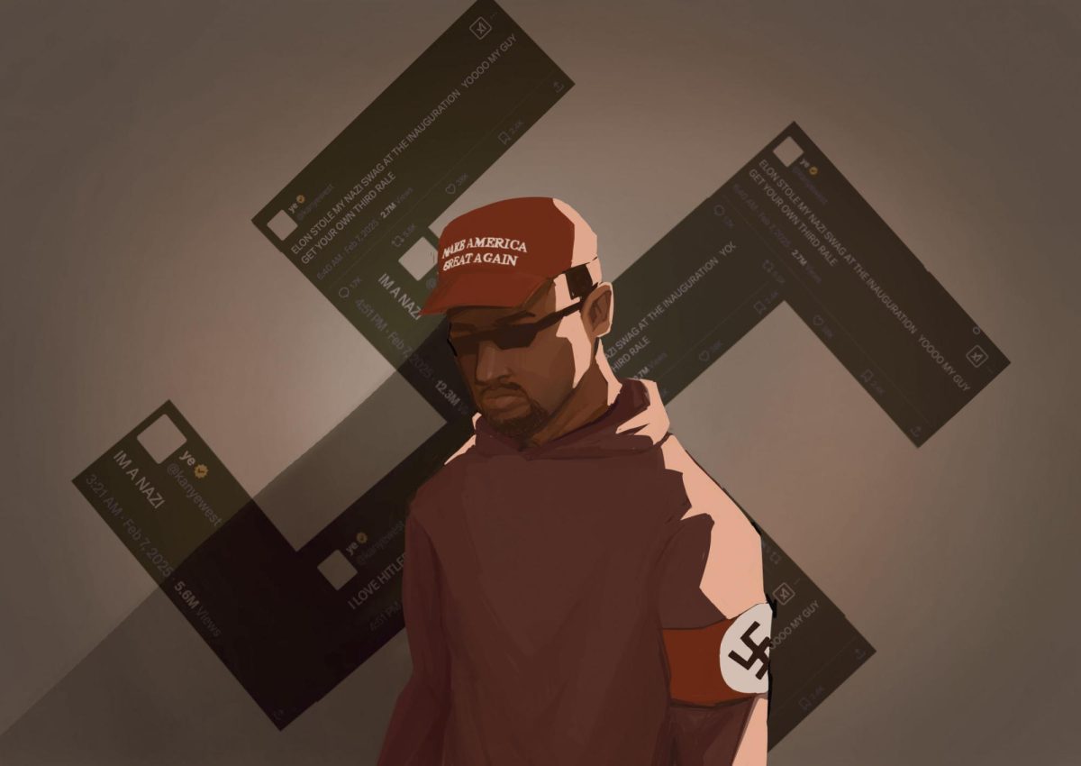 Illustration of Kanye West wearing a red cap standing in front of tweets in to the shape of a swastica.