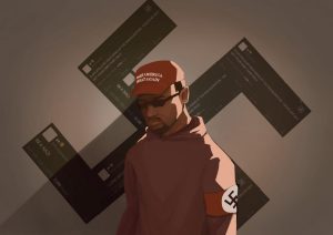 Illustration of Kanye West wearing a red cap standing in front of tweets in to the shape of a swastica.