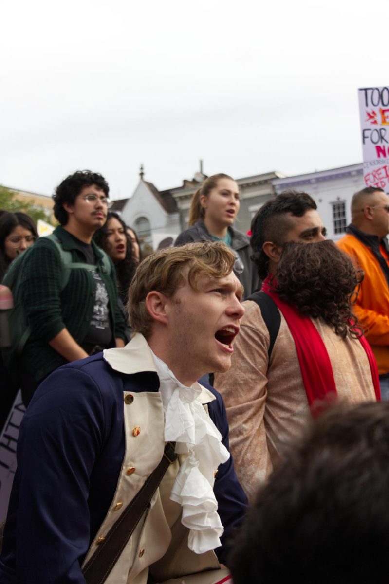 Some protestors dressed up, as in these two dressed as a colonial period American and Jesus. 