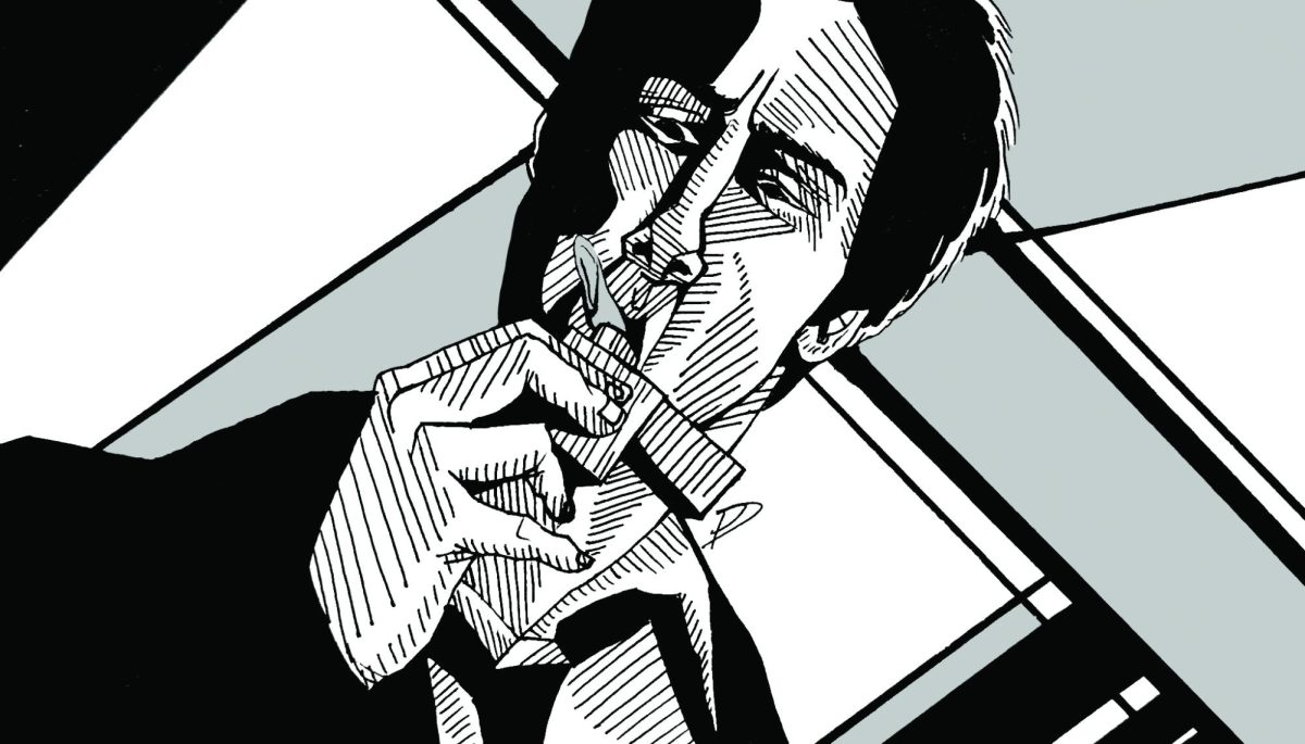 Constantine lights a cigarette with his lighter.
