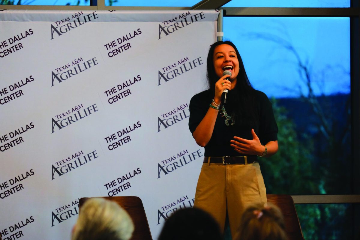 Lyla June speaks to the crowd gathered in the Water Building at the Agrilife Dallas Center.