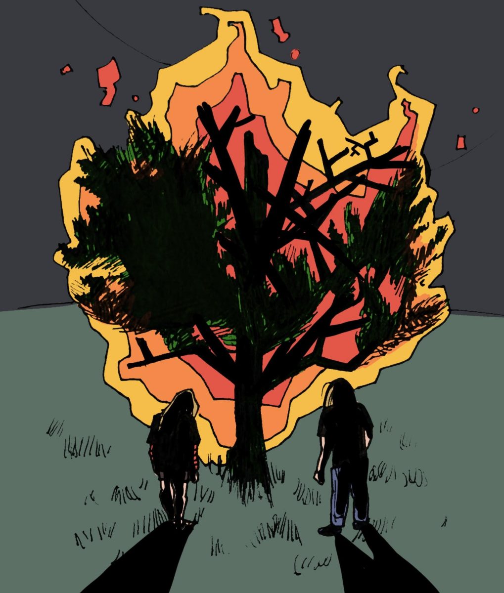 Hyperpop duo 100 gecs watch the tree from their album “1000 gecs” burn down. 
