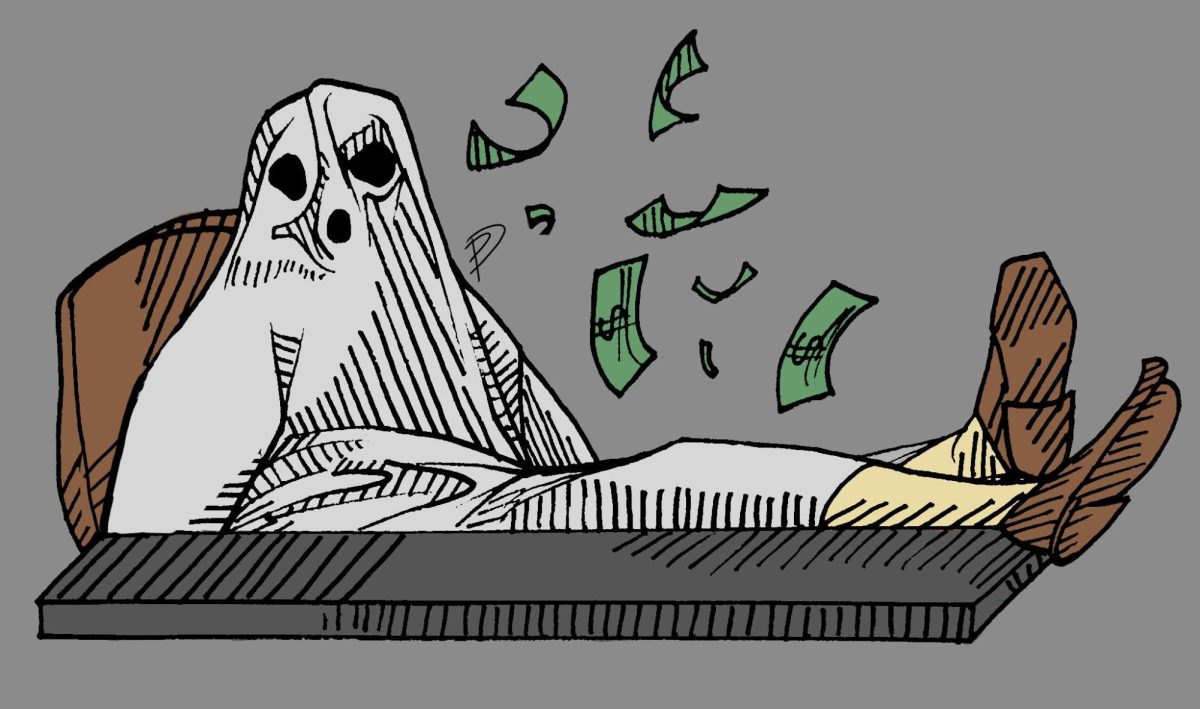 Illustration of ghost student stealing financial aid funds.