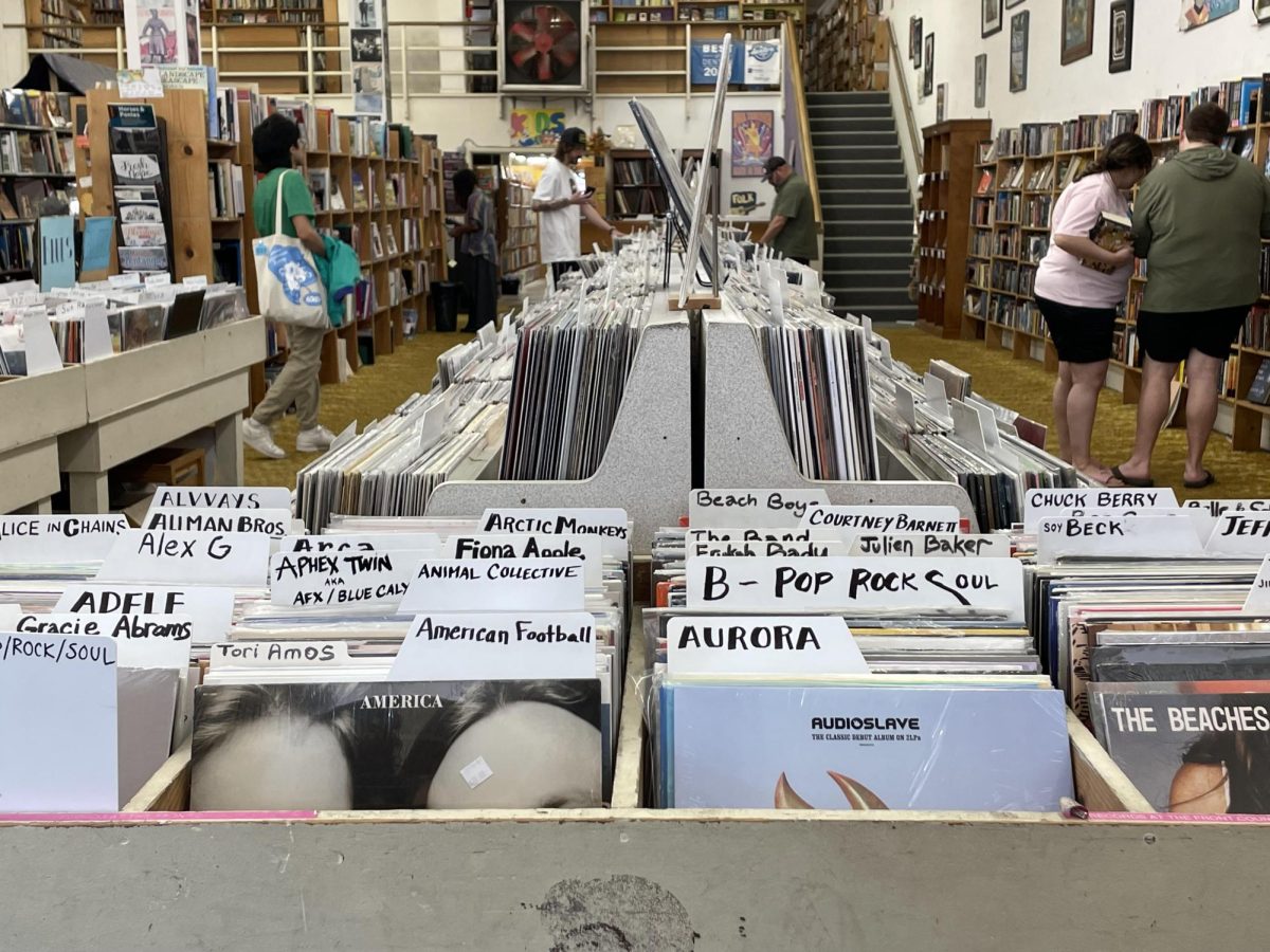 Shoppers dig through the Recycled Books record crates