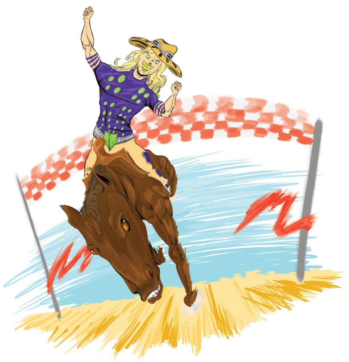Gyro Zeppeli crosses the finish line to become the wining first stage contender of the Steel Ball Run race.