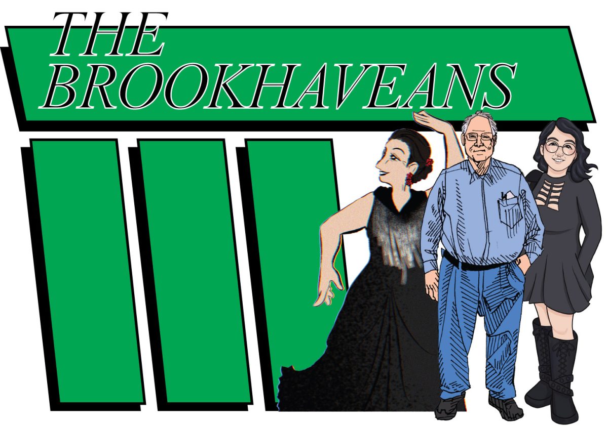 Left: Rebecca Garcia; middle: Toby Baldwin; right: Sorren Eddings standing under ‘The Brookhaveans’ title card.