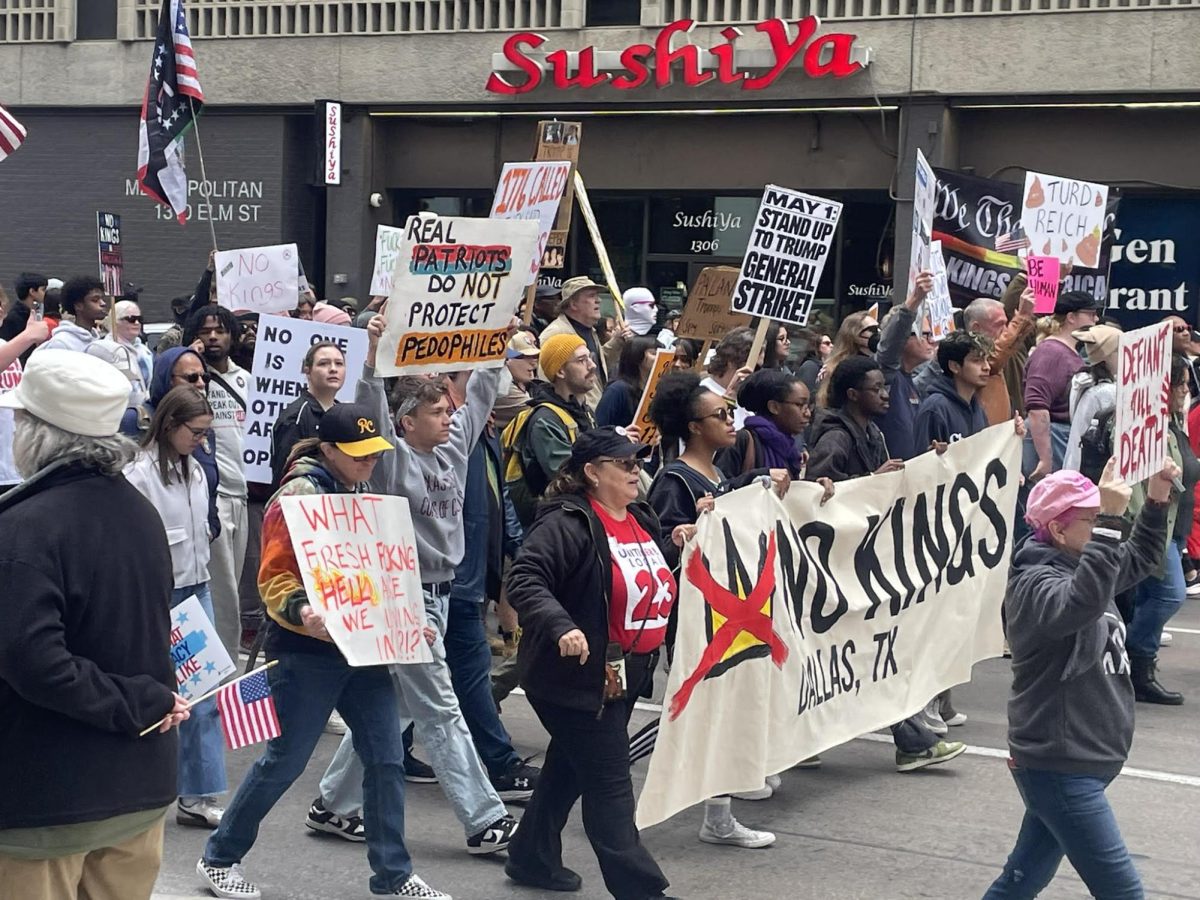 The front of a parade in Dallas for the No Kings protest on March 28.